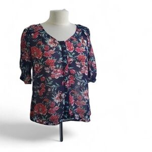Romantic Navy Rose Garden Sheer Flowy Blouse Size PXS